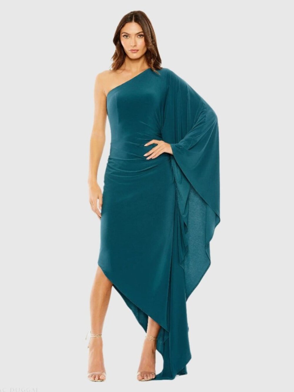 Mac Duggal Size Small Teal Blue One Shoulder Cape Sleeve Midi Cocktail Dress NWT